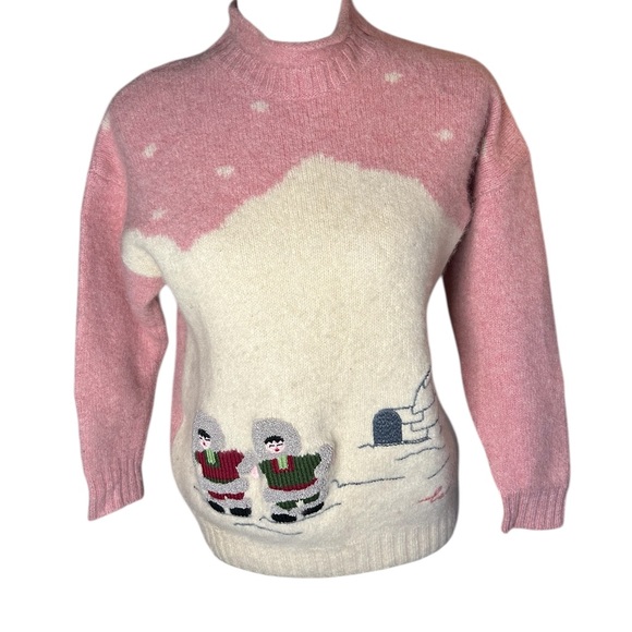 Benetton Vintage Shetland Wool Sweater Eskimo and Igloo figures made in Italy- S - Picture 2 of 16